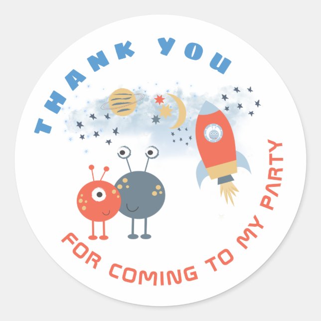 Aliens Spaceship Thank You Boy Birthday Favour Classic Round Sticker (Front)