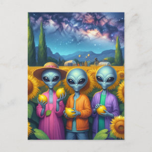 Aliens with Lemons in Sunflowers Postcard