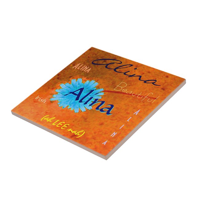 Alina Name and Irish Meaning with Blue Flower Ceramic Tile (Side)