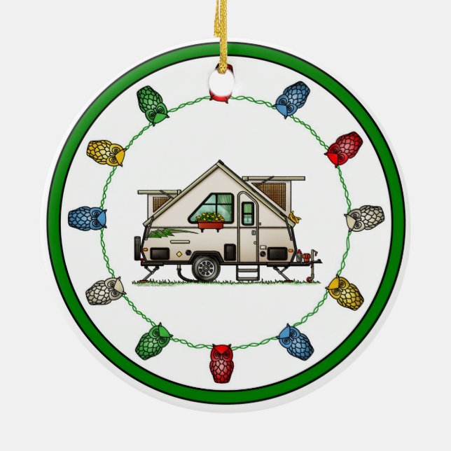 Aliner Pop Up RV happy camper art Ceramic Ornament (Back)