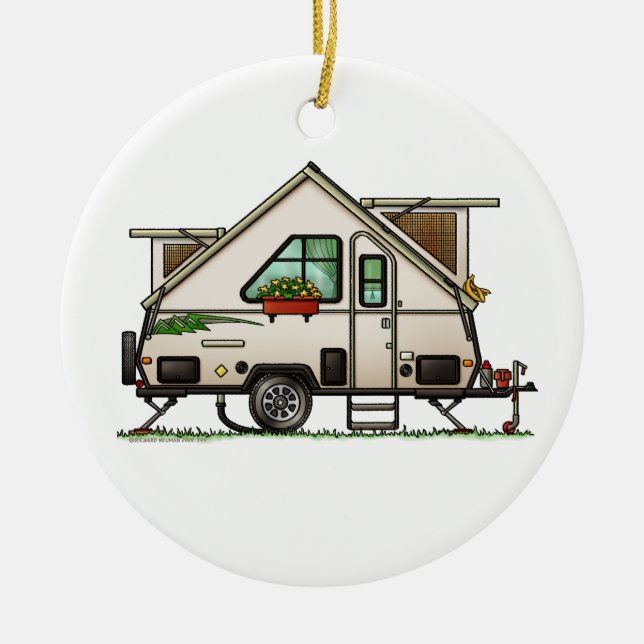 Aliner Pop Up RV happy camper art Ceramic Ornament (Front)