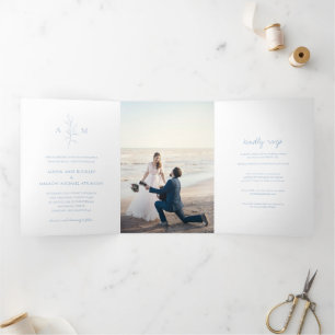 Alisha Dusty Blue Botanical Elegant Wedding Tri-Fold Invitation