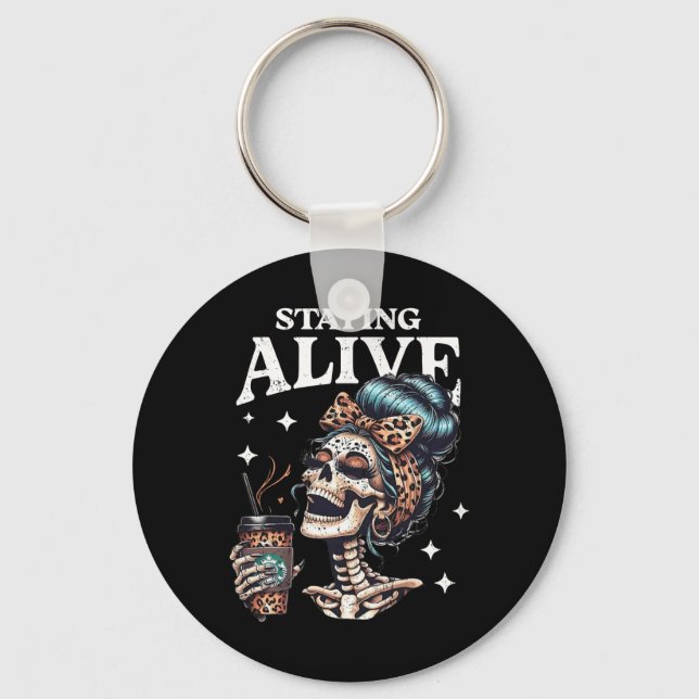 Alive Skeleton Halloween Leopard Messy Bun Women T Key Ring (Front)