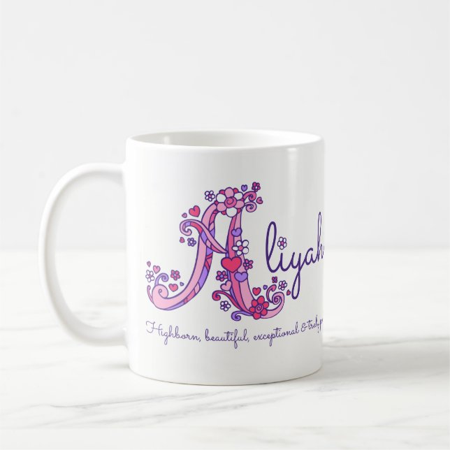 Aliyah name meaning decorative A monogram mug (Left)