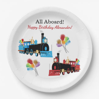All Aboard Blue and Red Train Birthday Paper Plate