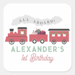 All Aboard Christmas Steam Train Birthday Square Sticker