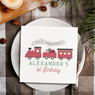All Aboard Christmas Steam Train Kids Birthday Napkin