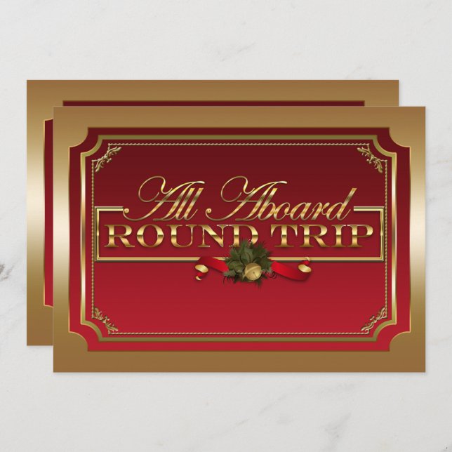 All Aboard Red & Gold Christmas Train Party Invitation (Front/Back)