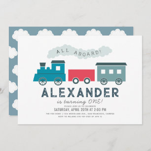 All Aboard Steam Train Blue Boy 1st Birthday Invitation