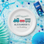All Aboard Steam Train Blue Boy Birthday Paper Plate<br><div class="desc">This cute "all aboard" boy's birthday paper plate features a white background with steam train in blue and red. Personalise it for your needs. You can find matching products at my store.</div>