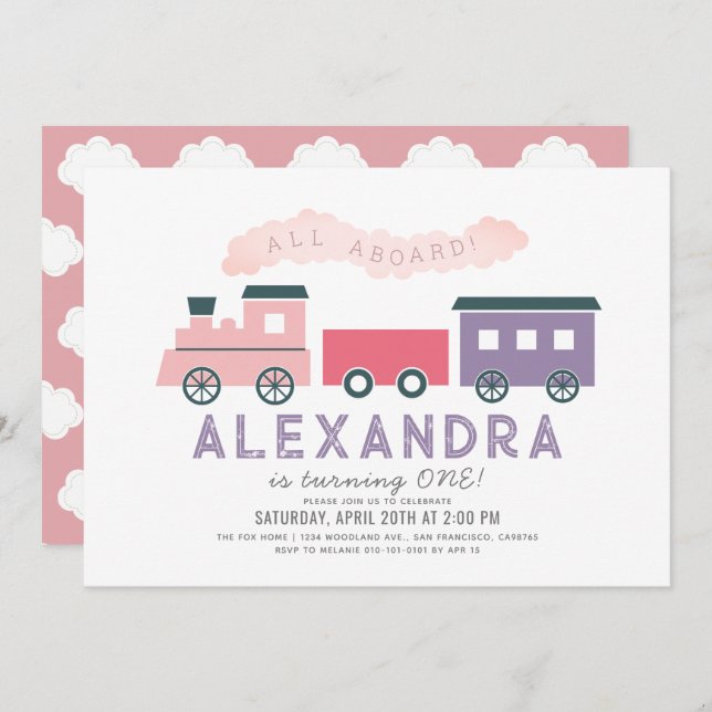 All Aboard Steam Train Pink Girl 1st Birthday Invi Invitation (Front/Back)