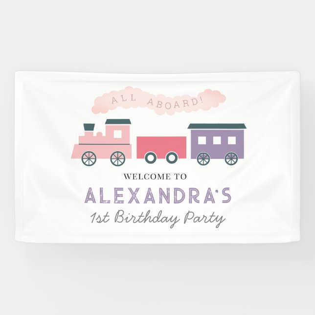 All Aboard Steam Train Pink Girl Birthday Banner (Horizontal)