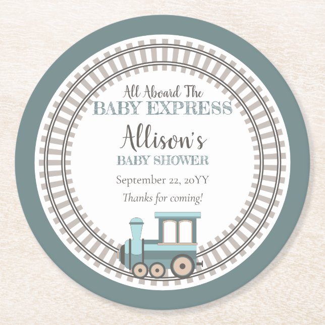 All Aboard the Baby Express Train Boy Baby Shower Round Paper Coaster (Front)