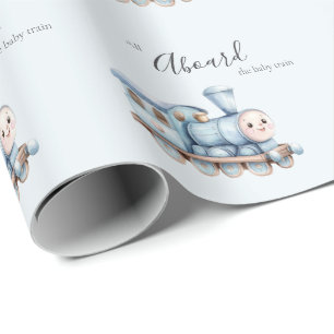 All Aboard the Baby Train Blue Boy Baby Shower Wrapping Paper