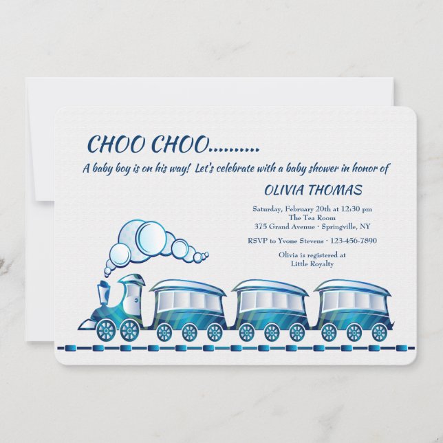 All Aboard the Blue Train Baby Shower Invitation (Front)