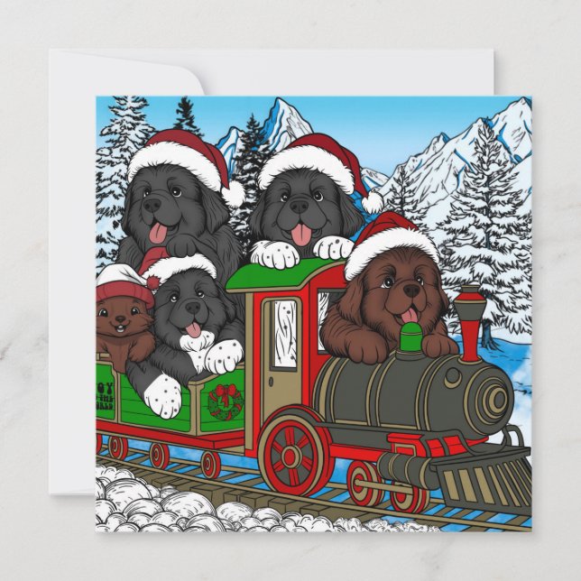 All aboard the Newfoundland puppy Christmas Train Holiday Card (Front)