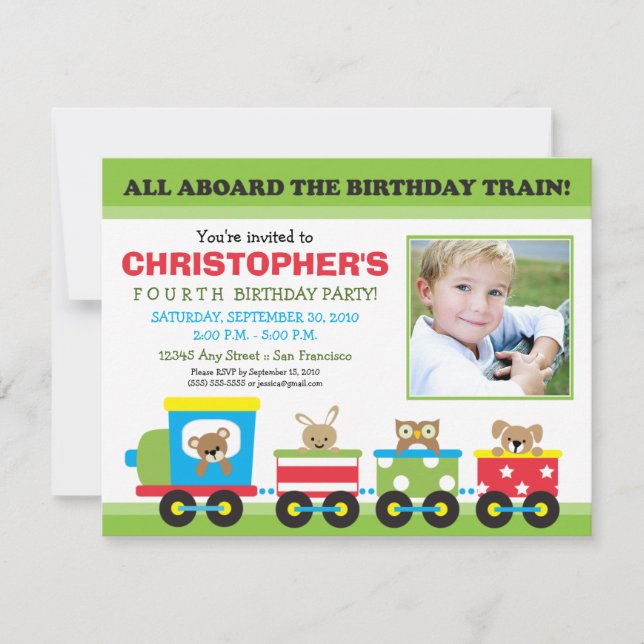All Aboard Train Boy's Birthday Invitation (green) (Front)