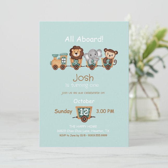 ALL ABOARD Train Fiesta Kids Birthday Invitation (Standing Front)