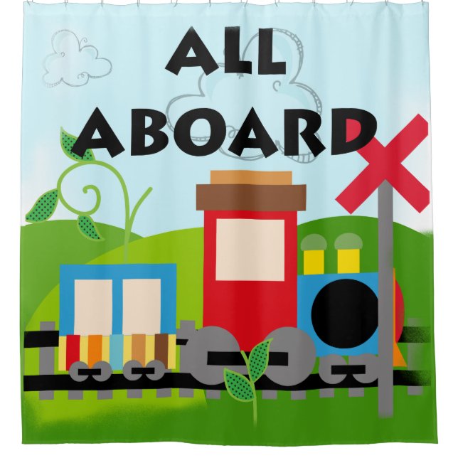 All Aboard Train Shower Curtain (Front)