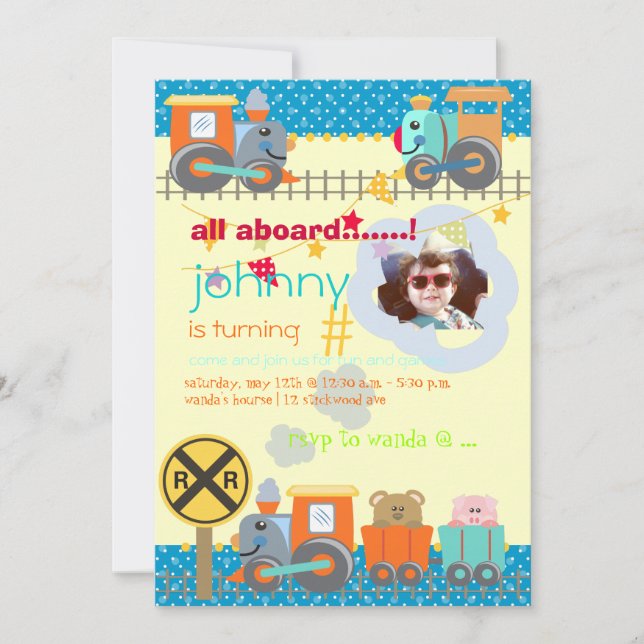 All aboard, trains birthday party invites (Front)