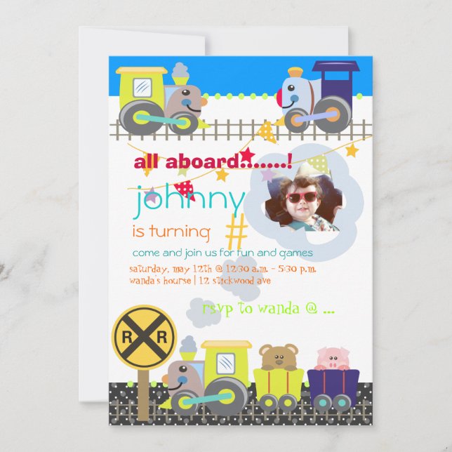 All aboard, trains birthday party invites (Front)