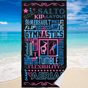 All About Gymnastics Typography in Pink and Blue Beach Towel