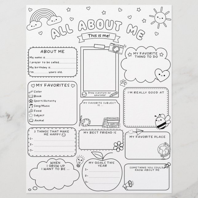 All About Me Back To School Kid Activity Worksheet (Front)