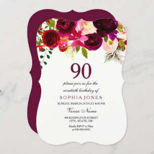 All Age Burgundy Red Floral 90th Birthday Invite