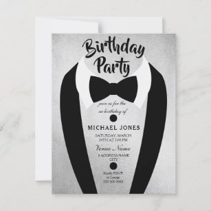 All age Mens Silver Bow Tie Birthday Party Invite
