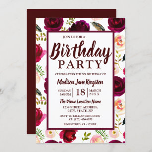 All Ages Burgundy Flowers Birthday Party Invite