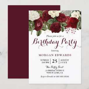 All ages Burgundy Red Floral Birthday Party Invite