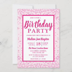 All Ages Pink Glitter Border Girly Birthday Party Invitation