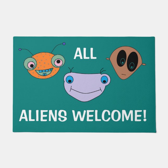 ALL ALIENS WELCOME Cute Aliens Design FUN Doormat (Front)