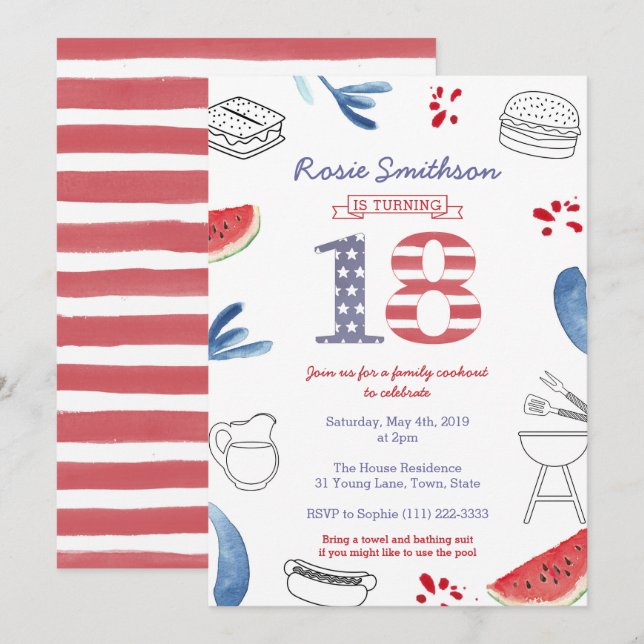 All-American 18th Birthday Party, 4th July Party Invitation (Front/Back)