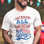 All american boy 4th july patriotic family reunion T-Shirt<br><div class="desc">Celebrate July the fourth with this patriotic t-shirt featuring the wording "All American boy" in red and light blue retro-style fonts over the iconic USA stars and stripes flag. Easily customisable with your name, this t-shirt is perfect for any 4th of July party or family reunion, or even just to...</div>