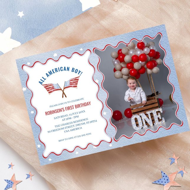 All American Boy 4thJuly Watercolor Birthday Photo Invitation (Creator Uploaded)