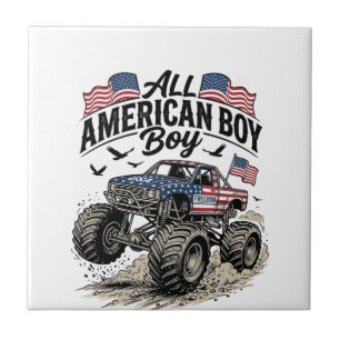 All American Boy Patriotic Monster Truck T-Shirt_1 Ceramic Tile