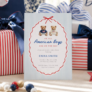 All American Boys Twin Teddy Bear Fourth of July Invitation