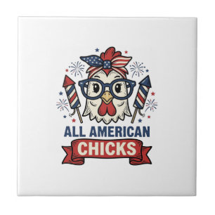 All American Chicks Patriotic Chicken Vector Desig Ceramic Tile