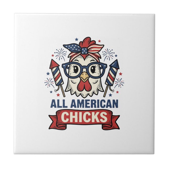 All American Chicks Patriotic Chicken Vector Desig Ceramic Tile (Front)