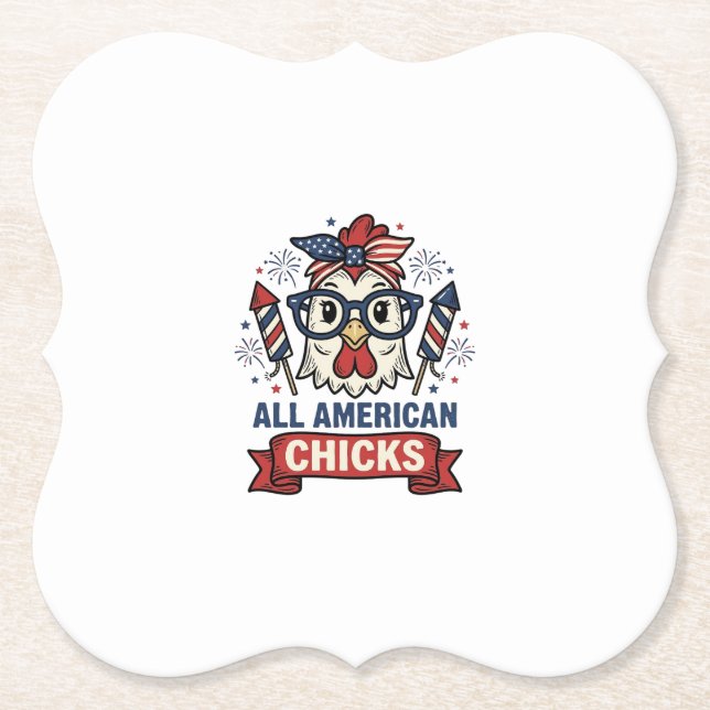 All American Chicks Patriotic Chicken Vector Desig Paper Coaster (Front)
