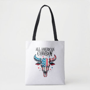 All american cowboy US Flag Cow Skull  Tote Bag