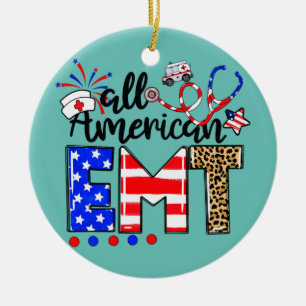 All American EMT Messy Bun USA Flag 4th Of July Ceramic Ornament
