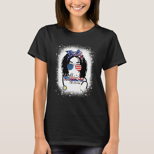 All American Er Nurse Messy Bun Afro 4th Of July P T-Shirt (Front)