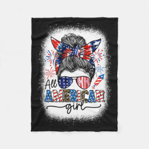 All American Girl Messy Bun Patriotic 4th Of July Fleece Blanket