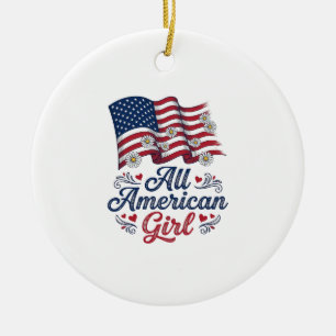 All American Girl Patriotic Daisy Flag Shirt Desig Ceramic Ornament