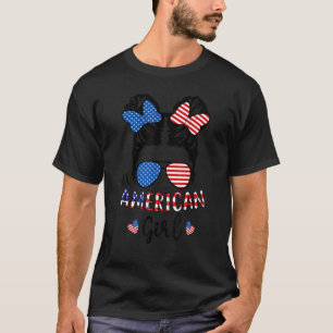All American Girls Messy Bun Usa Flag Daughter 4th T-Shirt