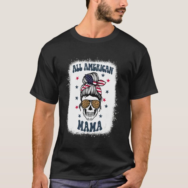All American Mama Leopard Skull 4th Of July Patrio T-Shirt (Front)