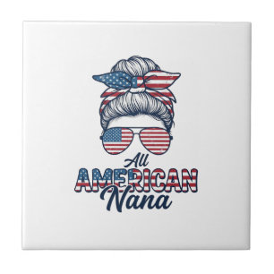 All American Nana Patriotic Messy Bun Vector Desig Ceramic Tile