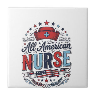 All American Nurse Vintage Patriotic Shirt Design_ Ceramic Tile